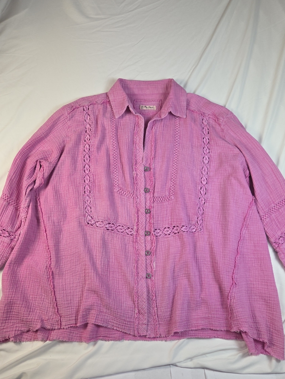 We The Free Summer Stars Pink Women's Button-Front Gauze Top with Lace Trim